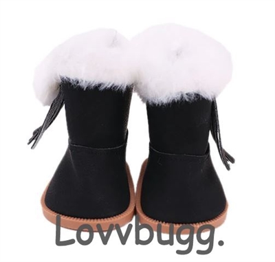 Black Furry Fringe Pom Pom Boots for American Girl 18 inch or Bitty Baby Born Doll Shoes