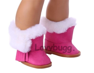 Red-Rose Pink Furry Fringe Pom Pom Boots for American Girl 18 inch or Bitty Baby Born Doll Shoes