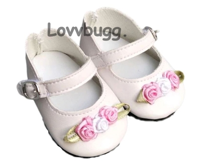 White Rosebuds Flower Girl Shoes for American Girl 18 inch or Baby Dolls