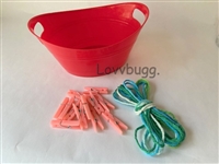 Red Oval Laundry Day Set with Plastic Basket, Clothesline and Clothespins for American Girl Doll Accessory