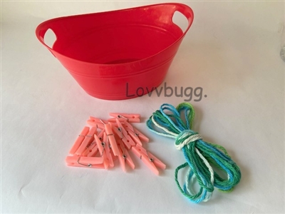 Red Oval Laundry Day Set with Plastic Basket, Clothesline and Clothespins for American Girl Doll Accessory