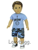 Blue Banjo T Shirt with Camo Camouflage Shorts for American Girl or Boy Logan 18 inch or Bitty Baby Born Doll Clothes