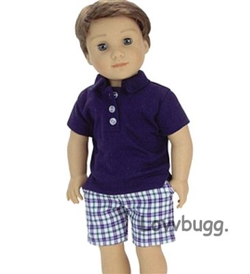 Navy Blue Polo with Plaid Bermuda Shorts for 18 inch American Girl or Boy Doll Clothes