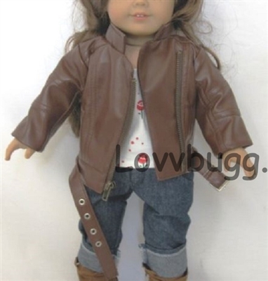 Brown Bomber Moto Jacket Faux Leather for American Girl or Boy 18 inch Doll Clothes