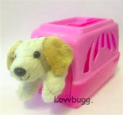 Beige Dog in Pink Carrier