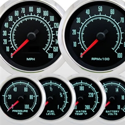Image of the 60s Muscle Custom 6 Gauge Set. Complete with Speedo, Tach, Volt, Oil, Water and Fuel Gauges.