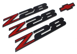 1993 - 2002 Camaro Z28 Emblem Set, Black Mirror Stainless Steel with Red Inserts, ONYX Series