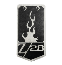 1993 - 2002 Header Panel Emblem, "Z/28" Logo with Flames on Shield, Custom, Black on Stainless Steel