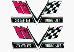 1967 Camaro Fender Emblems, V-Flag with "396 TURBO-JET", Imported, Pair