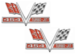 454 V-Flag Camaro Fender Emblem, Vee Cross Flags with 454 TURBO-JET, PAIR