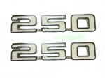 1969 Fender Emblems, "250" Engine Size, White and Chrome, Pair