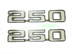 1969 Fender Emblems, "250" Engine Size, White and Chrome, Pair