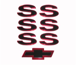 1993 - 2002 Emblems Set for Super Sport, "SS" Logo and Bow Tie, Custom, Black with Red Trim, 7 Pieces