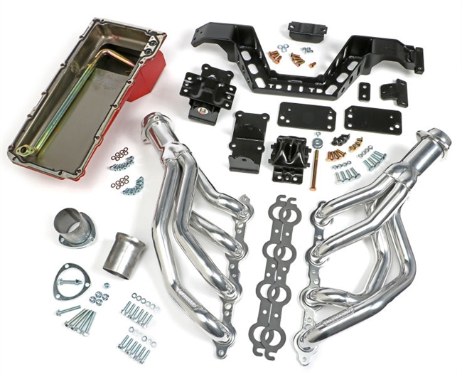 Image of the New 1967 - 1969 Camaro Trans-Dapt LS Swap In A Box Kit with Hedman HTC Polished Silver Ceramic Coated Headers For Manual Transmission