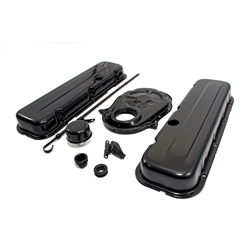 1965 - 1995 CHEVY BIG BLOCK 396, 427, 454, & 502 BLACK STEEL VALVE COVER, TIMING COVER, BREATHER, DIPSTICK ENGINE DRESS UP KIT - SMOOTH