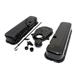 1965 - 1995 CHEVY BIG BLOCK 396, 427, 454, & 502 TALL BLACK STEEL VALVE COVER, TIMING COVER, BREATHER, DIPSTICK ENGINE DRESS UP KIT - SMOOTH