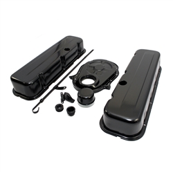 1965 - 1995 CHEVY BIG BLOCK 396, 427, 454, & 502 TALL BLACK STEEL VALVE COVER, TIMING COVER, BREATHER, DIPSTICK ENGINE DRESS UP KIT - SMOOTH