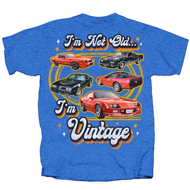 Image of a Chevy Vintage Camaro, Firebird, Corvette, Chevelle, I'm Not Old I'm Vintage, Royal Blue Heather T-shirt