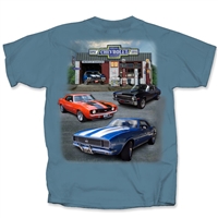 Image of a Chevy Super Service Camaro, Nova, & Chevelle Muscle Car Garage Indigo Blue T-shirt