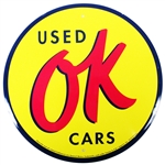 OK USED CARS Metal Tin Sign, 12 Inch Diameter