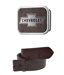 Chevy Bowtie Framed Marquetry Black Walnut Woodgrain / Metal - Matte Rock Star Belt Buckle with Leather Belt