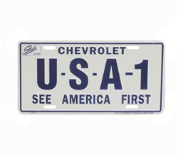 License Plate, USA-1 See America First Chevrolet, Blue and White