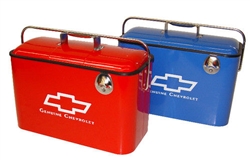 Vintage Chevrolet Beverage Cooler with Bottle Opener Choice from RED or BLUE, with White Colored Details