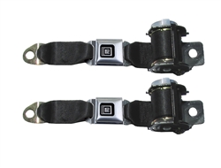 Image of 1974 - 1981 Camaro Black  REAR 2-Point Retractable Seat Belts Set with OE STYLE GM Push Buttons