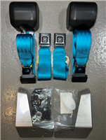 1970 - 1973 Camaro REAR Seatbelts Set with Retractable Shoulder 3 pt., Chrome Buckles with GM Mark of Excellence Buttons, ELECTRIC BLUE