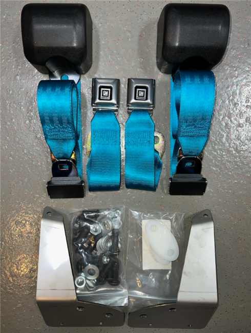 1970 - 1973 Camaro REAR Seatbelts Set with Retractable Shoulder 3 pt., Chrome Buckles with GM Mark of Excellence Buttons, ELECTRIC BLUE