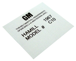1967 - 1968 Hamill C10 Seat Belt Date Code Label Tag, Each