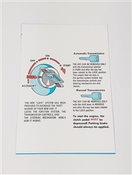 1969 Camaro Ignition Lock Key Starting Sunvisor Sleeve Instruction Card