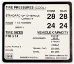 1970 Camaro Tire Pressure Decal, Super Sport F70 x 14 GQ Code 3991344