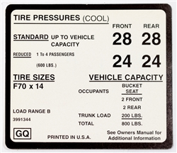 1970 Camaro Tire Pressure Decal, Super Sport F70 x 14 GQ Code 3991344