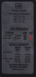 1970 Camaro Z28 Tire Pressure Decal, F60 x 15, 3972284 with AO Code