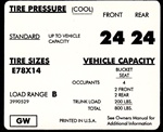 1971 - 1972 Camaro Tire Pressure Decal, E78 x 14, GW 3990529