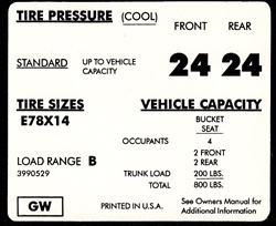 1971 - 1972 Camaro Tire Pressure Decal, E78 x 14, GW 3990529