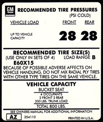 1975 Tire Pressure Decal, E60 x 15, AZ