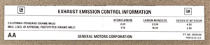 1971 Camaro California Exhaust Emission Windshield Decal, 307 V8