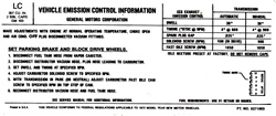 1972 Camaro Radiator Support Emissions Decal, 307 with 2 Barrel LC Code 6271003