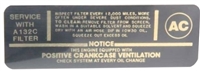 1967 - 1969 Camaro Air Cleaner Service Instructions Decal, 230 / 140