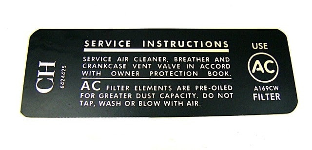 image of 1968 Camaro Air Cleaner Service Instructions Decal, 327 / 210 HP, 6424425 CH