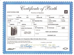 1996 - 2002 Camaro Certification, Birth Certificate, Camaro SS