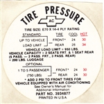 1968 Camaro Tire Pressure Decal, E70 x 14, With Air, AC | Camaro Central