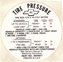 1968 Camaro Tire Pressure Decal, E70 x 14, With Air, AC | Camaro Central