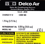 1979 Camaro Air Conditioning Compressor Decal, Delco 1131127