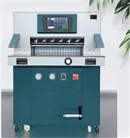 Hydraulic Paper Cutter, Photocell Safety Walls, High Capacity stack cutting, Cast and steel frame, Programmable, High quality pump and electric motors. 10" Color Programming Screen with 99 Programs and 4 different settings.