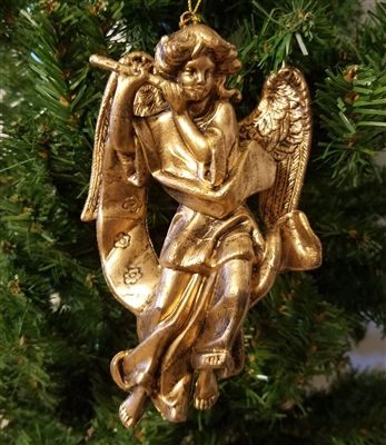 6" Antiqued Gold Angel with Flute Christmas Ornament