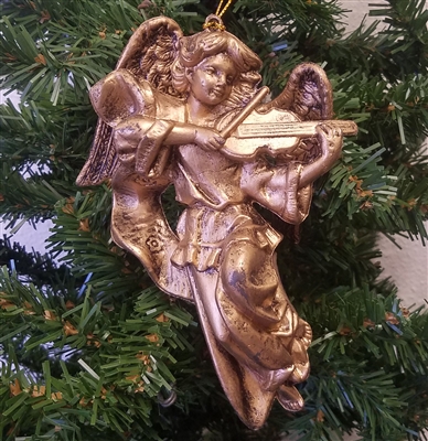 6" Antiqued Gold Angel with Violin Christmas Ornament