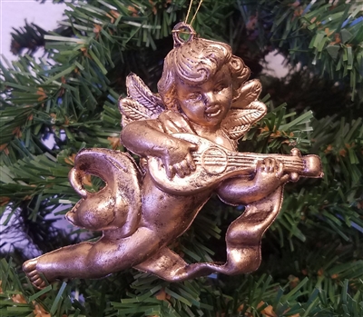 4" Antiqued Gold Cherub Angel with Guitar Christmas Ornament
